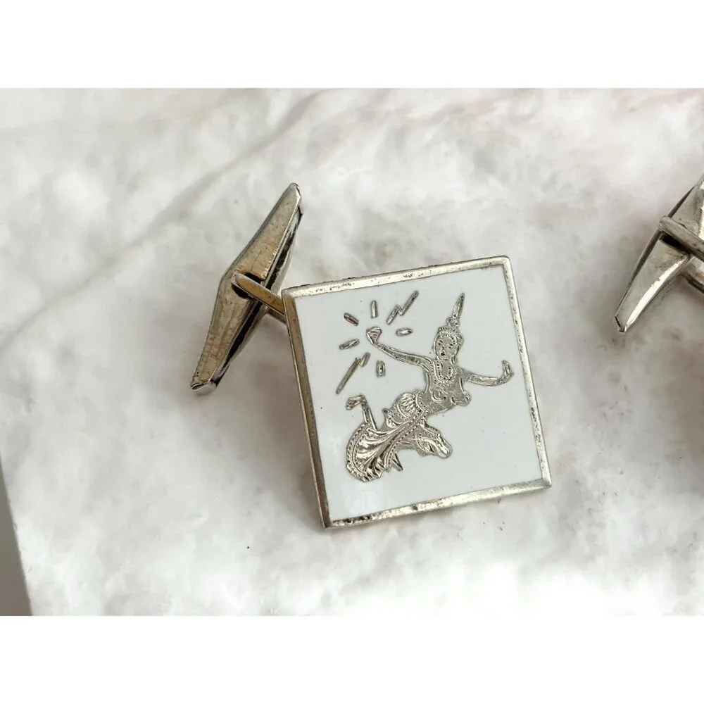 Siam Sterling White Guilloche Square Nielloware Vintage Thai Made 925 Cufflinks